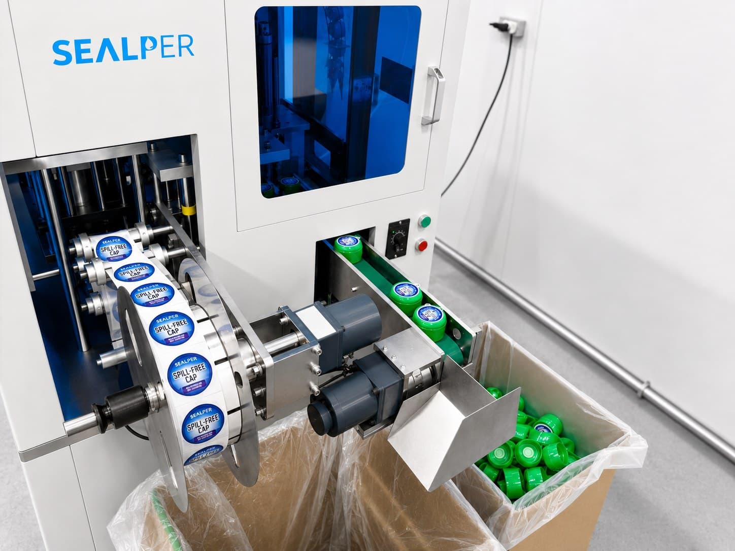 Cap labeling machine applying custom labels