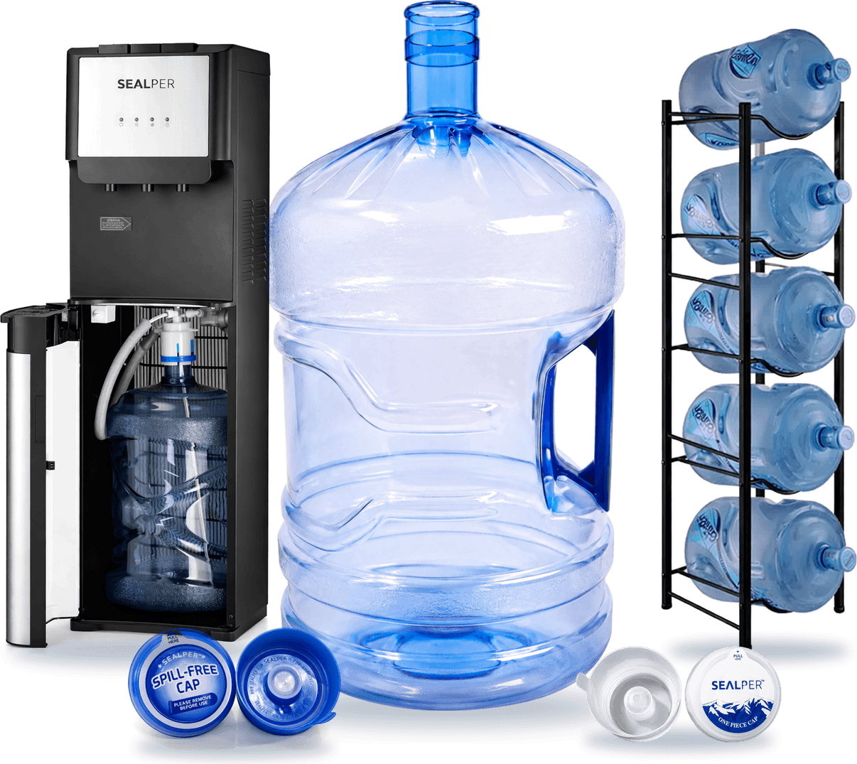 Sealper BPA-free 5 gallon PET bottle with a water dispenser, bottle rack and caps